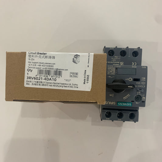 siemens 3RV6021-4DA10Circuit breaker 25 A, trip breaker 2025 A, N release 325 A, used for motor protection, grade 10, threaded connection, standard switch capacity,