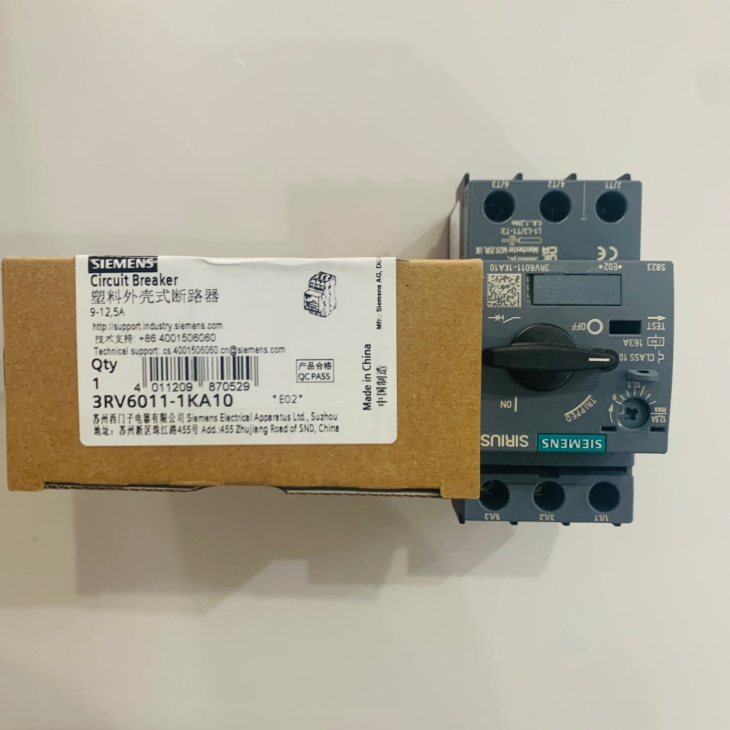 siemens 3RV6011-1KA10Circuit breaker 12.5 A release 912.5 A, N release 156 A, used for motor protection, grade 10, threaded connection, standard exchange capacity